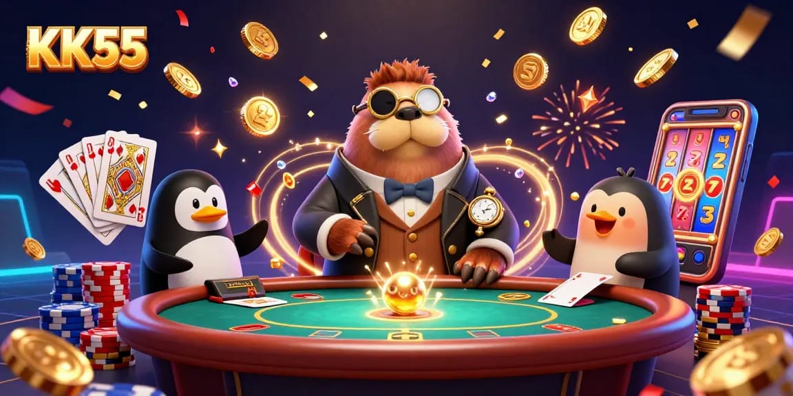 Experience thrilling games at KK55, featuring a captivating underwater poker scene with vibrant characters and dynamic elements.