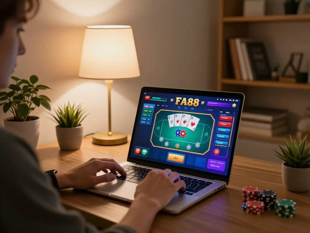 Engaging in a thrilling round of FA88 poker on a laptop in a cozy home setting.