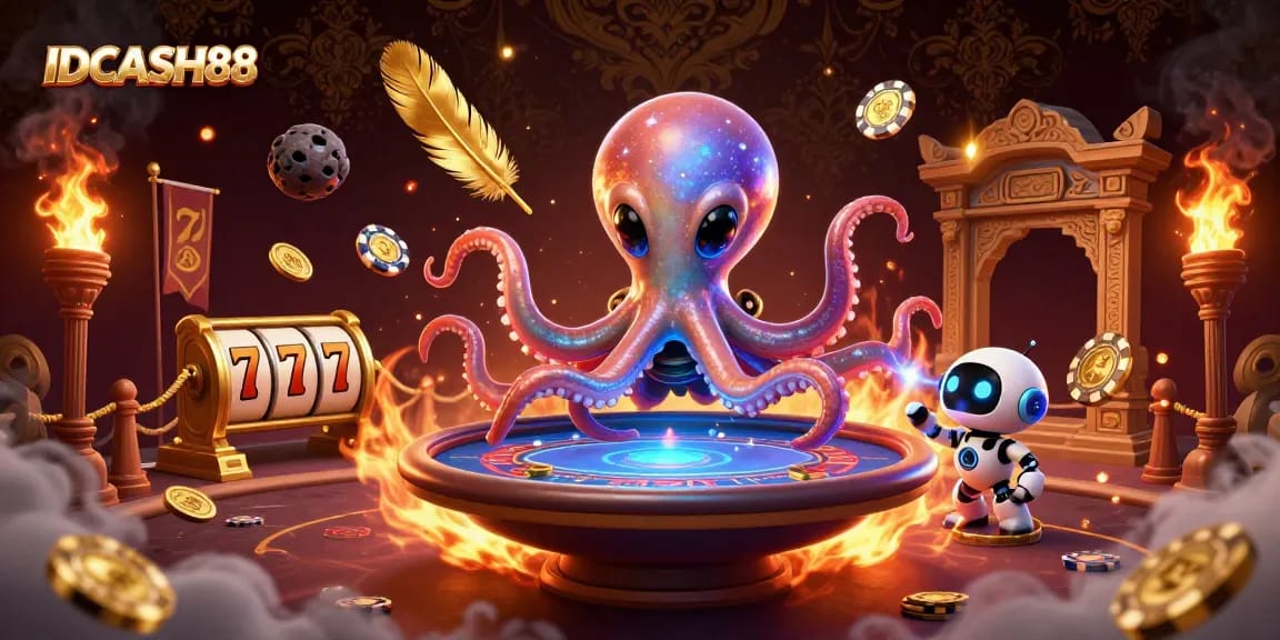 Experience IDCASH88 with a thrilling 3D scene featuring a vibrant alien octopus at a poker table.