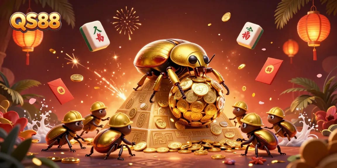 Engage in thrilling gaming at QS88 featuring golden beetles and casino symbols amidst vibrant graphics.