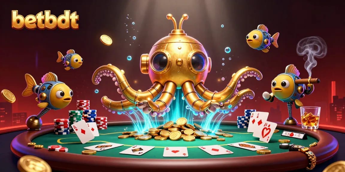 Experience the thrill of betting at betbdt with a vibrant 3D illustration of a kraken submarine amidst poker elements.