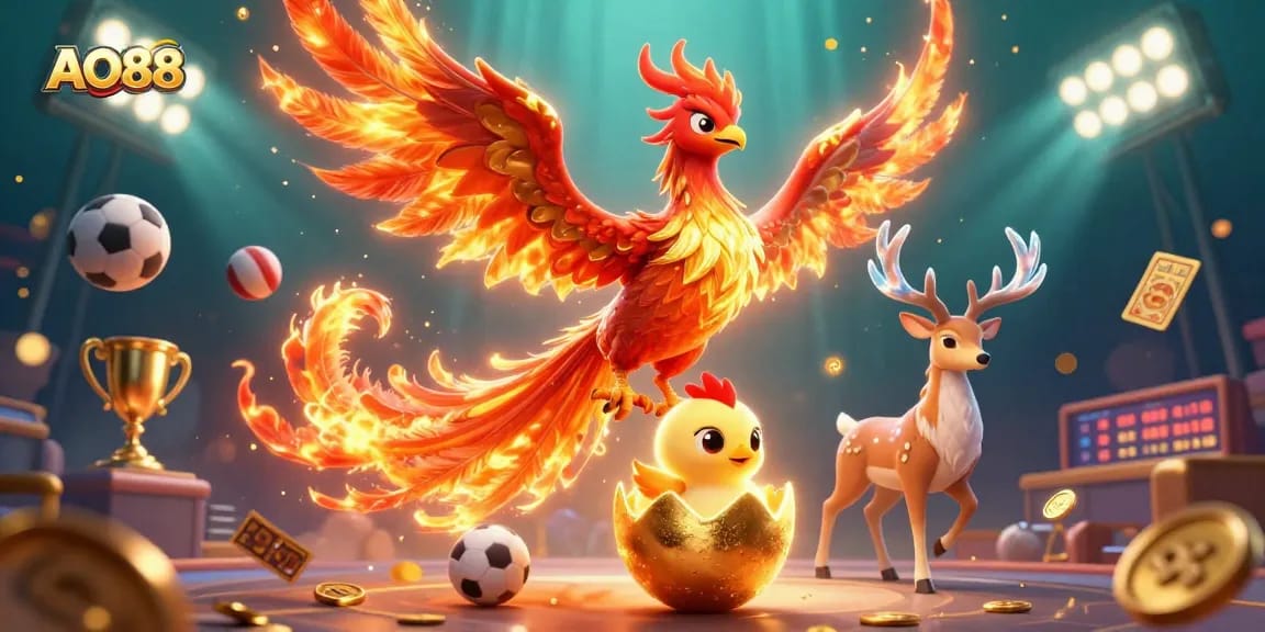 Engage with AO88's thrilling gaming experience featuring a fiery phoenix soaring amidst exciting sports elements.