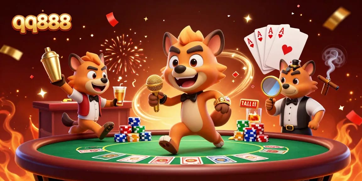 Join the excitement at qq888 with hyena characters in a vibrant casino scene featuring poker and comedy!