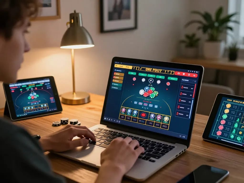Engaged player using 33win3 for live dealer gaming, chips visible on screen, warm home atmosphere