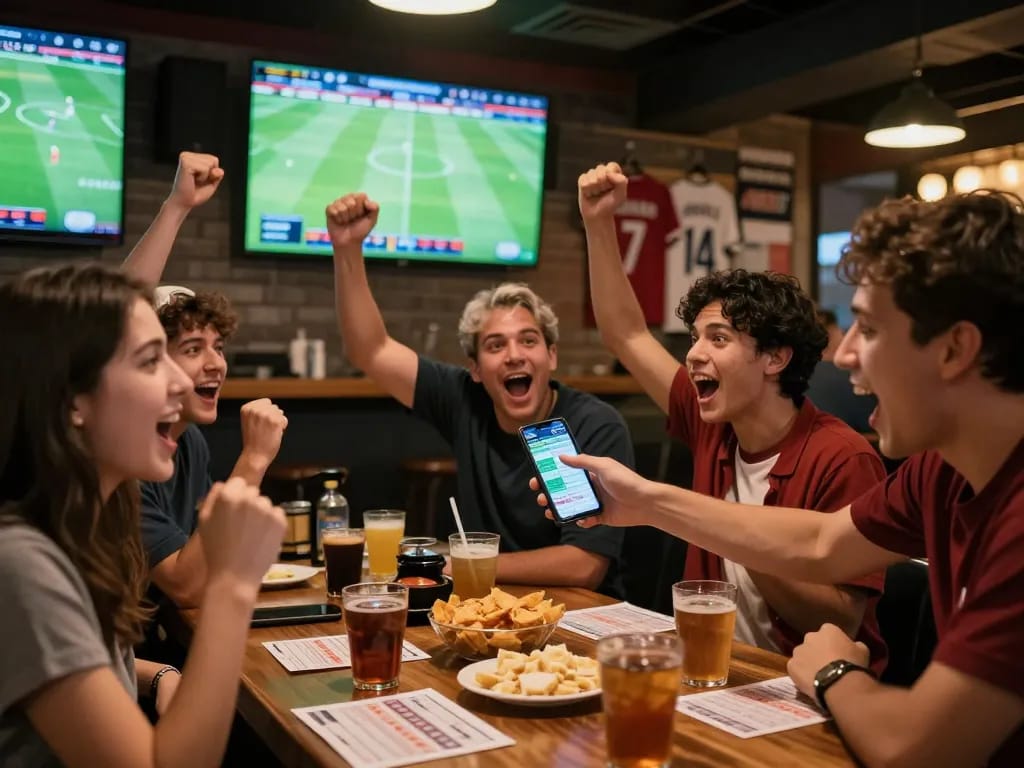 Excited friends exploring kèo nhà cái while watching a live football match at a vibrant sports bar.