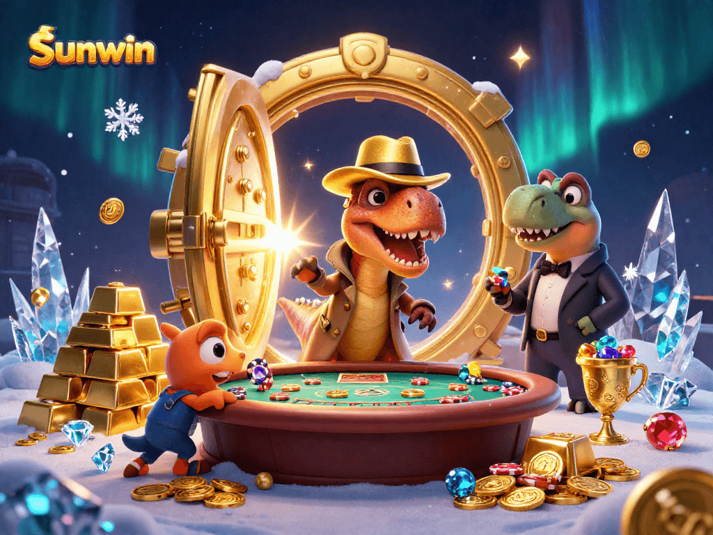 Experience sunwin’s thrilling blackjack scene with vibrant characters and rich casino imagery.