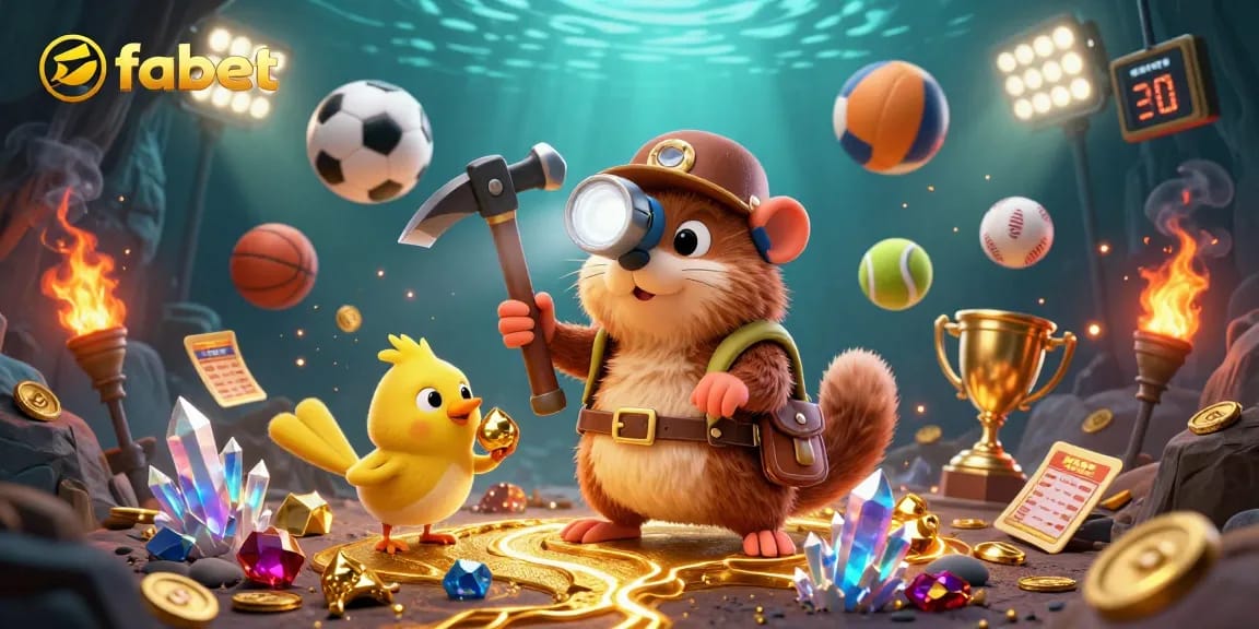 Join fabet in this vibrant scene where a treasure hunter mole seeks riches among glowing gems and sports themes.