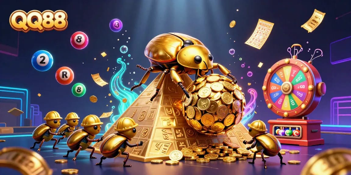 Experience QQ88 excitement with vibrant lottery elements and a stunning 3D casino scene.