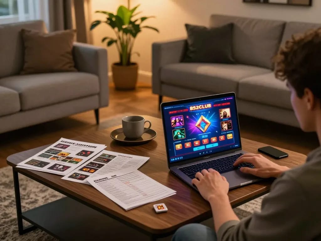 B52CLUB player engaging in online gaming strategy in a cozy living room setup