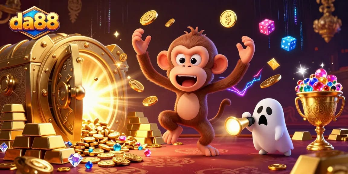 Engage with da88 as a mischievous monkey juggles golden casino treasures amidst a ghostly hunt.