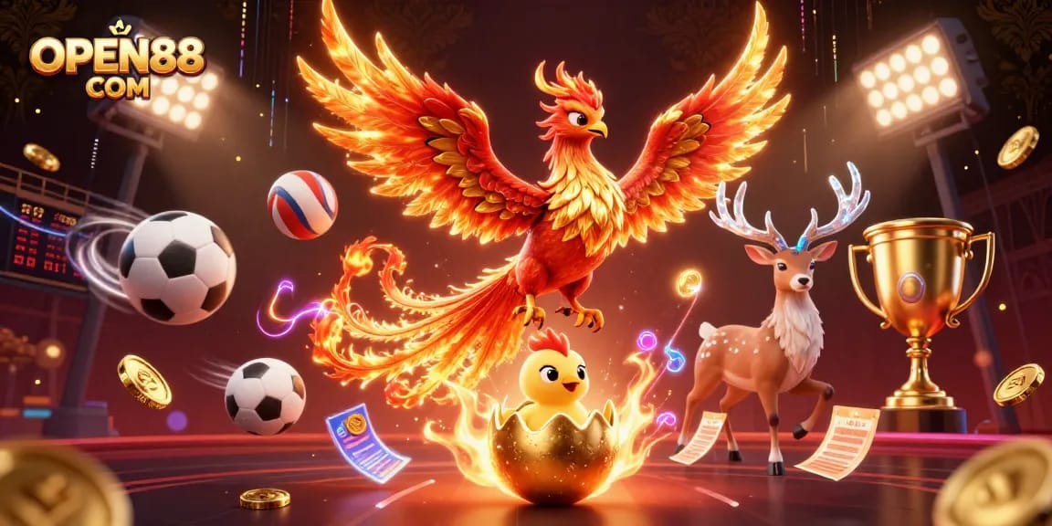 Place bets with OPEN88 COM in a vibrant casino scene featuring a phoenix and sports elements.