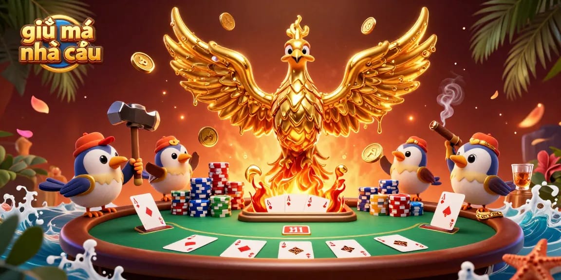 Engage in giải mã nhà cái with a dynamic scene of a molten gold phoenix and poker table elements.