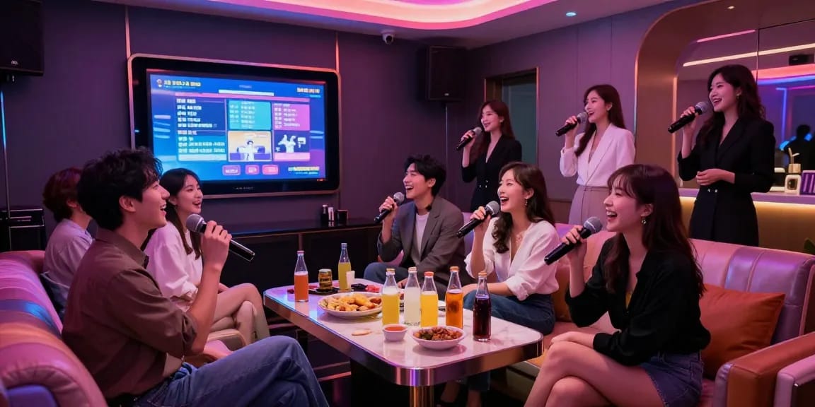 Enjoying a fun night at 강남가라오케 with friends in a luxurious karaoke room.