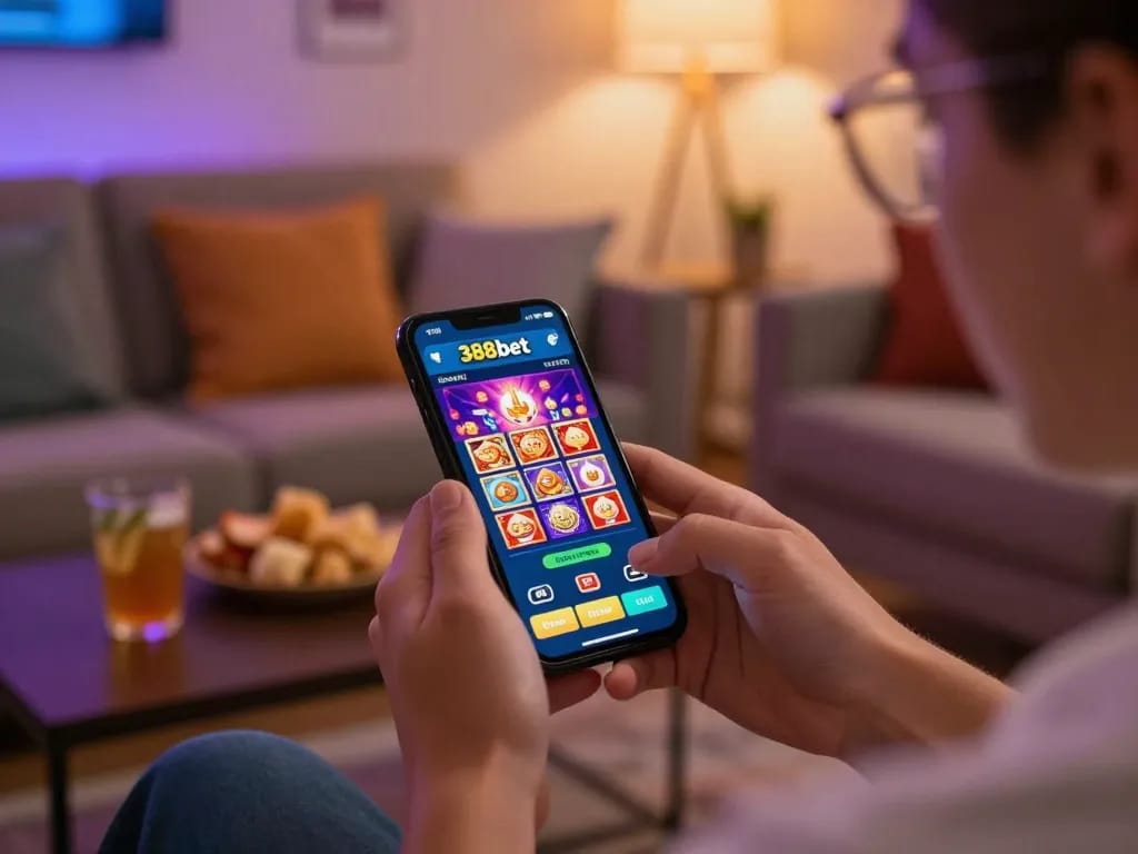 Engaging user interaction with the 388bet app during an online gambling session at home.