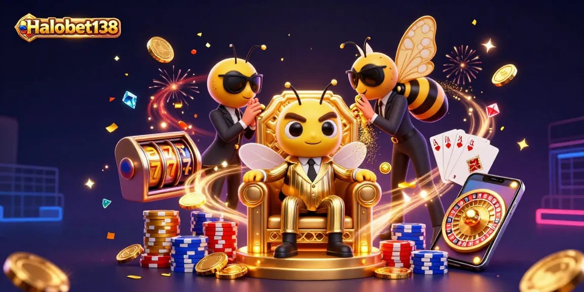 Halobet138 attracts players with casino excitement, showcasing a vibrant 3D bumblebee mob boss and gaming elements.