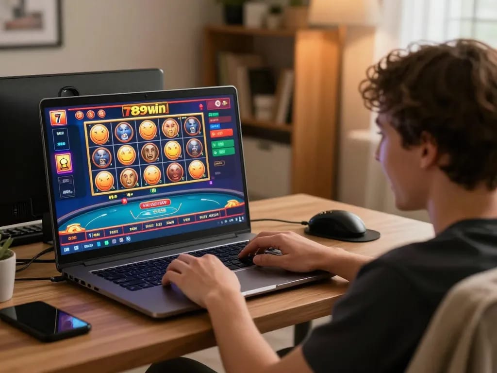 Engaged player exploring 789win's online gaming interface, showcasing virtual slots and poker excitement.
