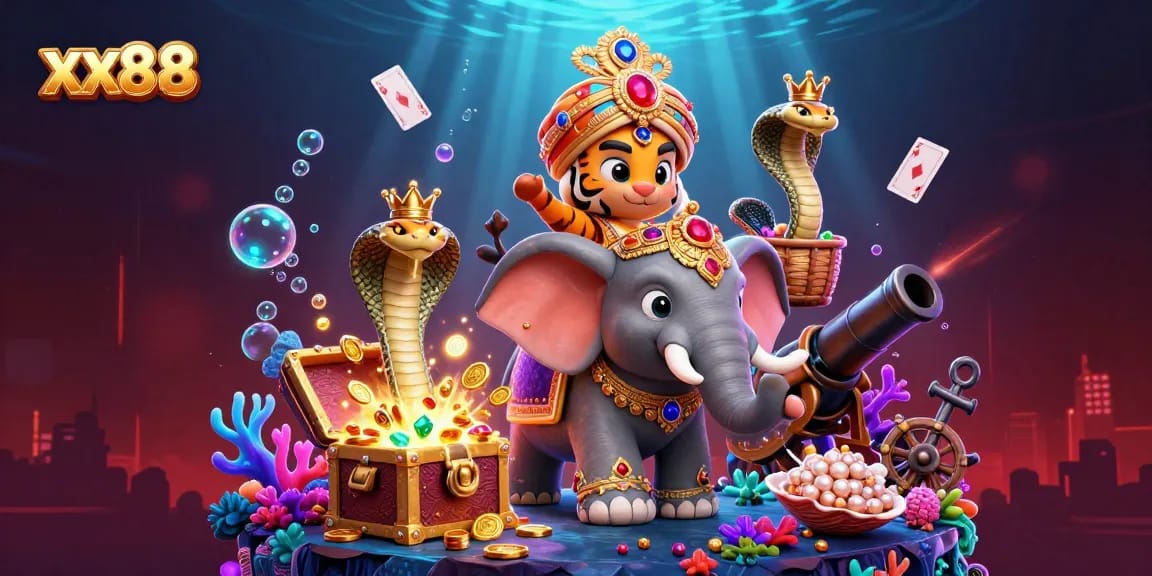 Engage with the xx88 casino experience illustrated by a vibrant underwater scene filled with jewels and treasures.