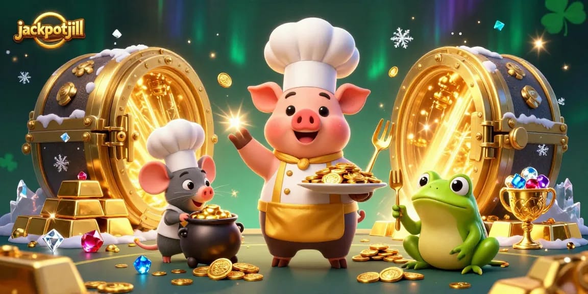 Winning at jackpotjill with a cartoon chef and a frog critic in a gold-filled casino