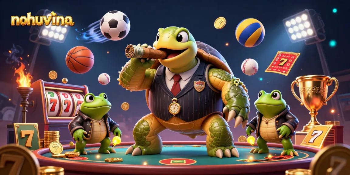 The 3D cartoon snapping turtle in a vintage suit showcases nohuvina, amidst dynamic casino elements like slot reels and golden coins.