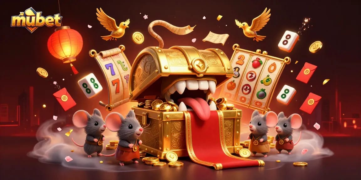 Win big with mubet's captivating 3D treasure chest illustration luring adventurer mice!