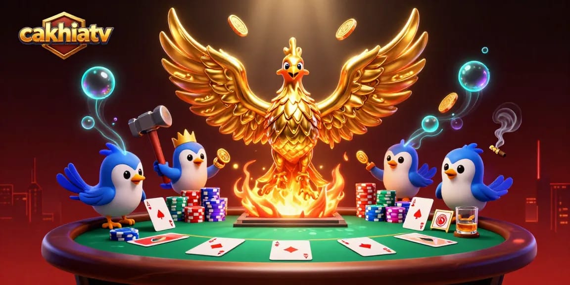 Cakhiatv features a molten metal phoenix amid dynamic poker elements, capturing the essence of thrilling gambling.