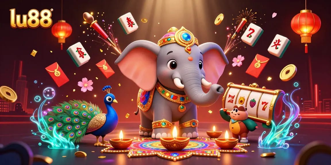 Experience the excitement of lu88 in this vibrant 3D casino scene with lucky symbols and festive elements.