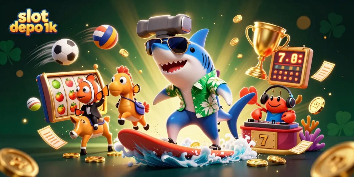 Experience thrilling gameplay with slot depo 1k and exciting characters amidst flying coins and vibrant casino elements.