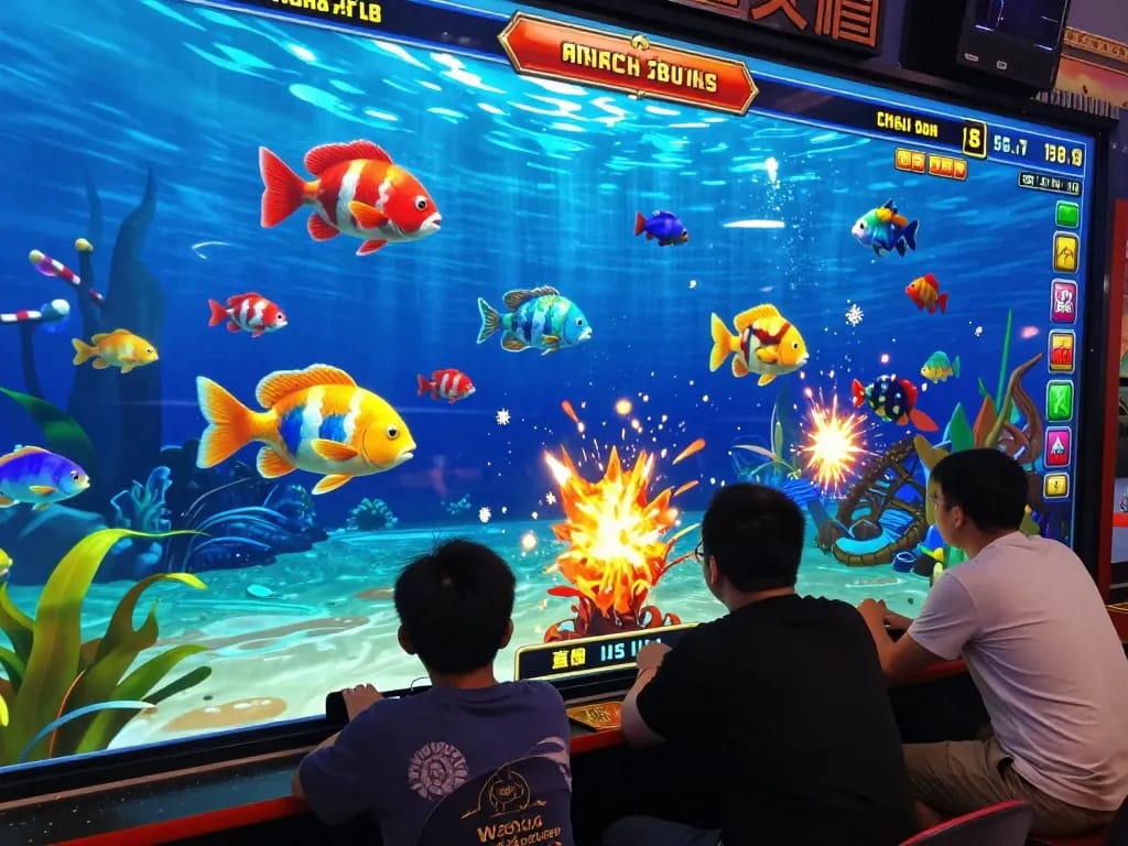 Bắn cá đổi thưởng gameplay showcasing players targeting colorful fish with vibrant graphics and potential rewards.