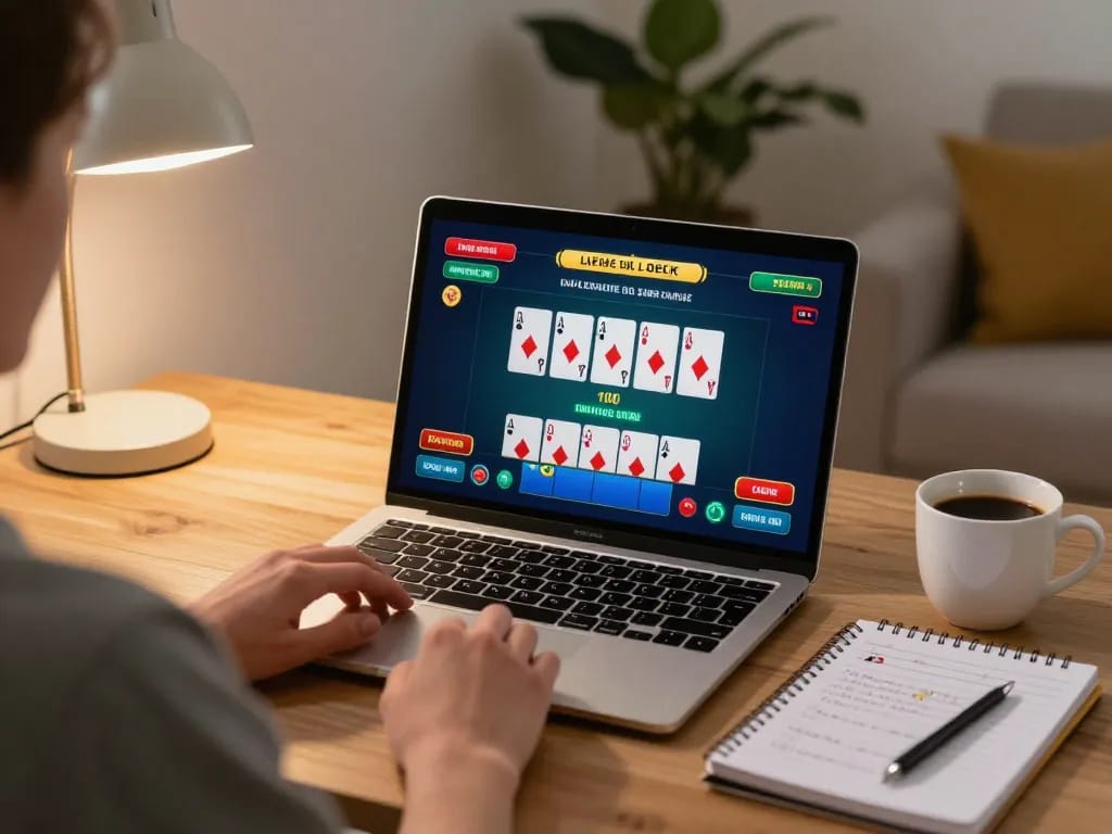 Engaging scene of a user experiencing live dealer blackjack on a laptop, reflecting the bet88i online gaming atmosphere.