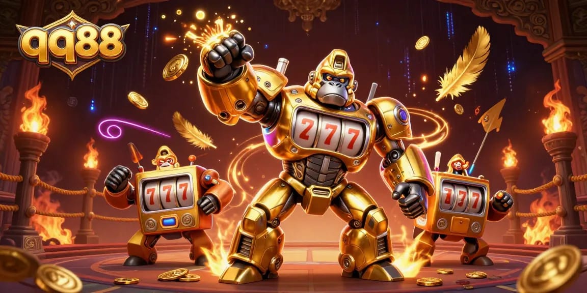 Experience thrilling qq88 gaming with a golden gorilla mech surrounded by casino elements and vibrant visuals.