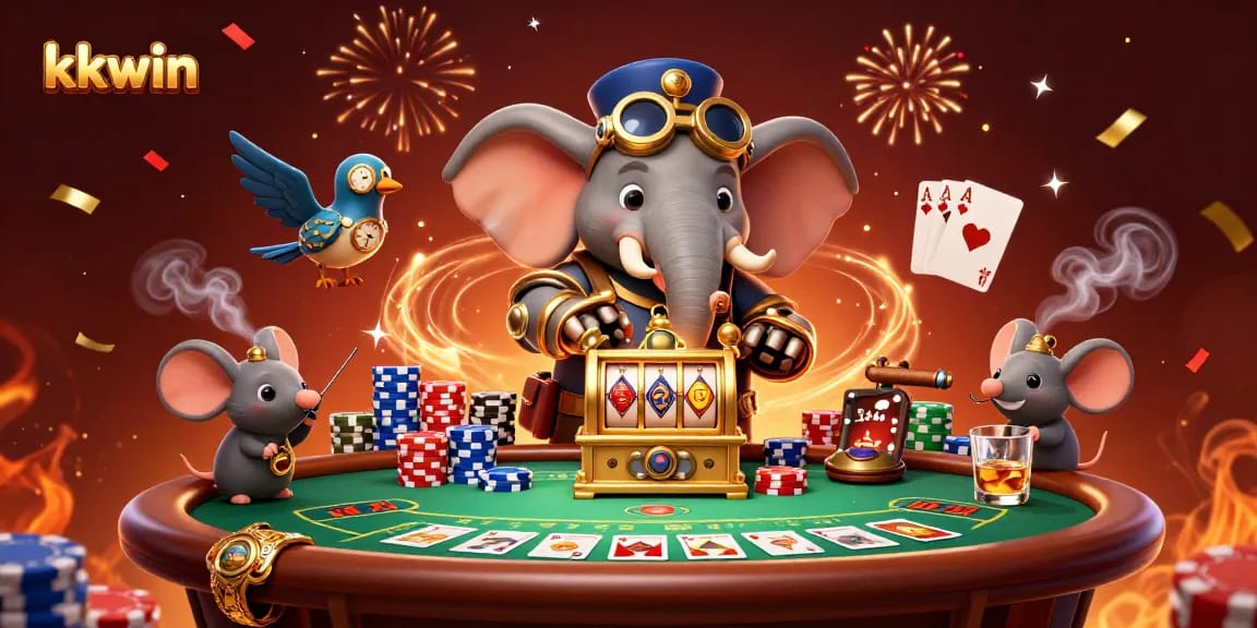 Engage with kkwin as the steampunk elephant spins a slot machine, immersed in a vibrant casino scene.