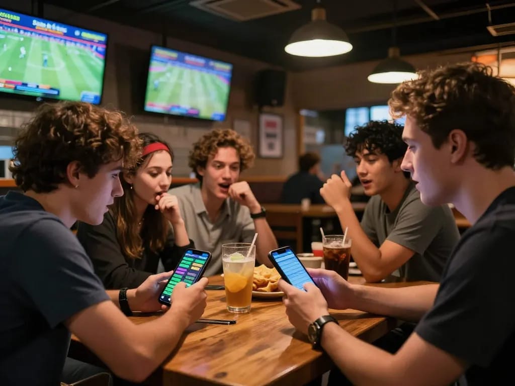 Saba thể thao betting excitement in a lively sports bar with friends analyzing stats and placing bets