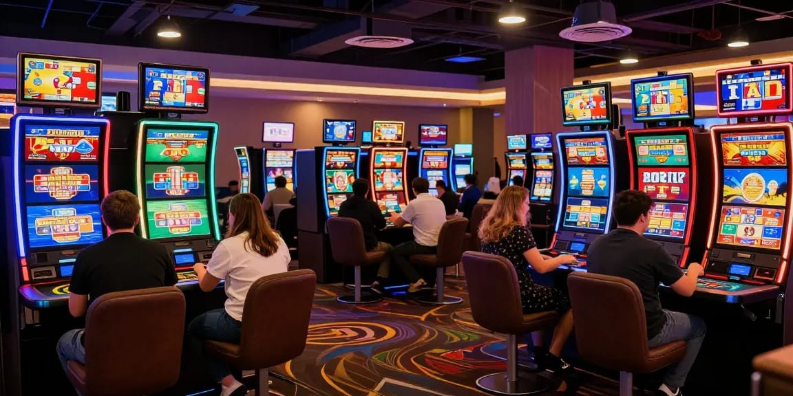 Credit card casinos environment with players at gaming stations surrounded by vibrant decor and friendly staff.