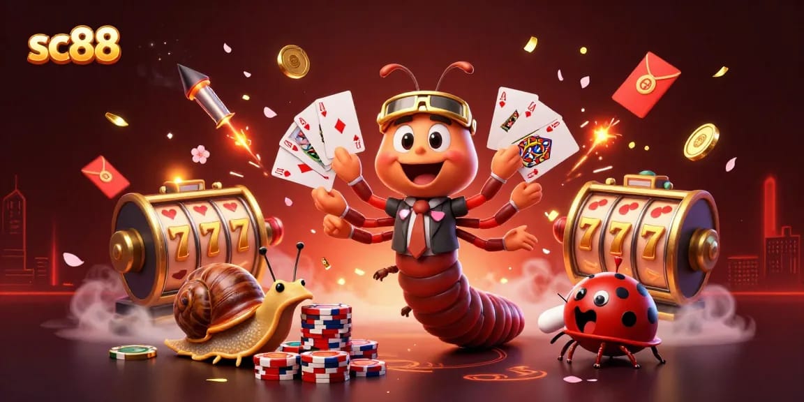 sc88's vibrant casino illustration showcasing a cartoon millipede dealer, high-roller snail, and excitement-filled pill bug.
