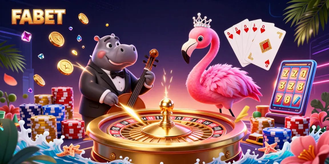 Experience FABET's vibrant casino atmosphere with lively characters and dynamic game elements.