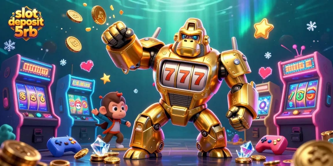Spin the reels with slot deposit 5rb's 3D golden gorilla mech and vibrant gaming elements.