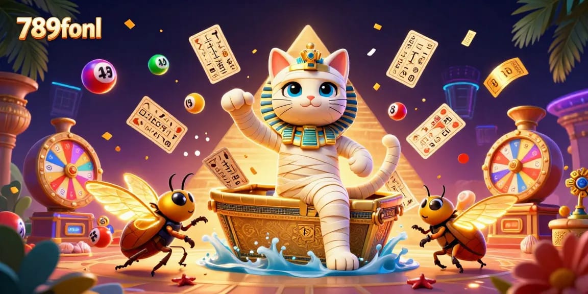 Experience thrilling gameplay at 789fonl with vibrant lottery balls and a mystical mummy cat.