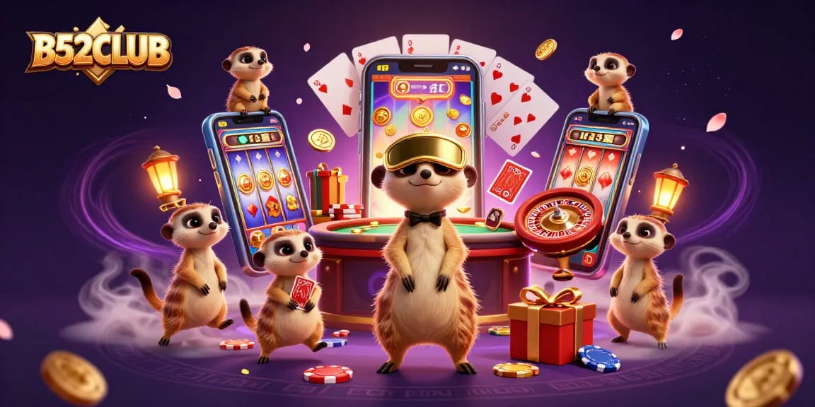 B52CLUB showcases meerkats operating an elaborate casino, highlighting vibrant game elements and excitement.
