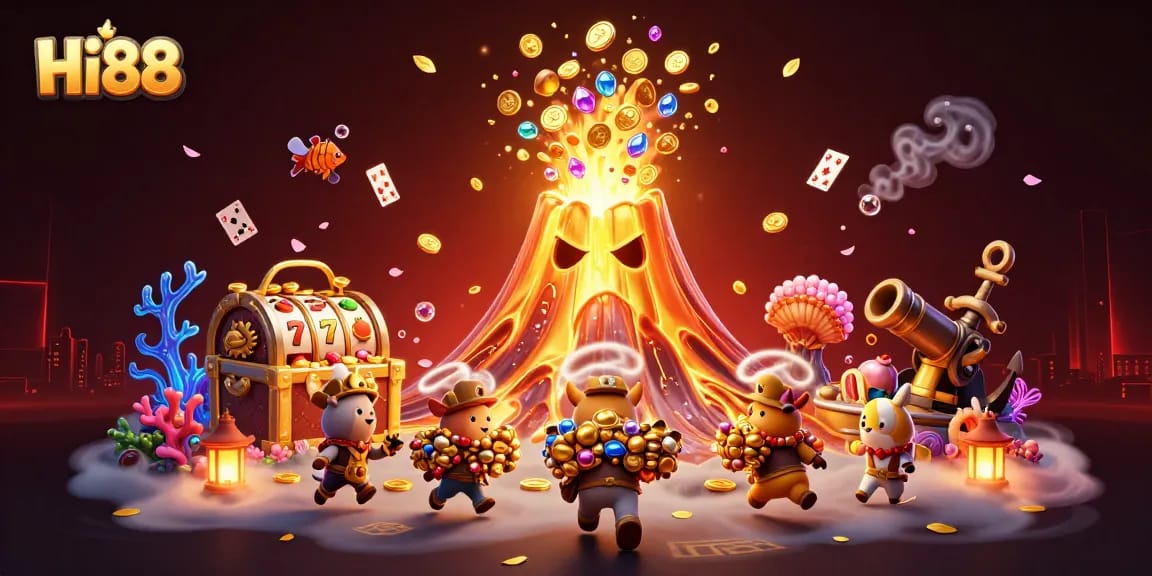 Experience excitement with Hi88, featuring a fantastical volcano raining treasure in this vibrant casino-themed illustration.