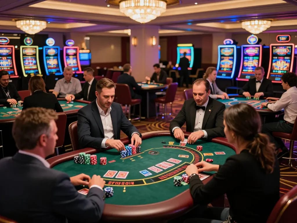 Experience the excitement of casino mb66 with players at blackjack and roulette tables enjoying their games