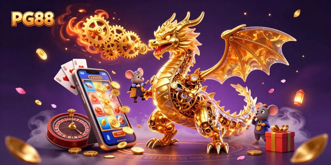 Experience the thrill of PG88 with a golden dragon amidst casino excitement, revealing treasures.