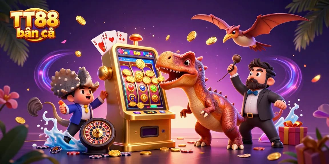 Catch golden coins with TT88 bắn cá as dinosaurs interact with a fun-filled casino scene.