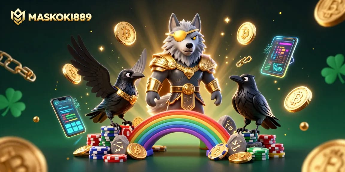 Experience thrilling gaming on MASKOKI889 with dazzling digital elements and vibrant casino graphics.