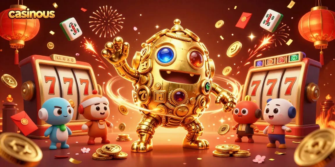 Casinous showcases an ultra-detailed 3D illustration of a golden golem amidst slot reels and festive elements.