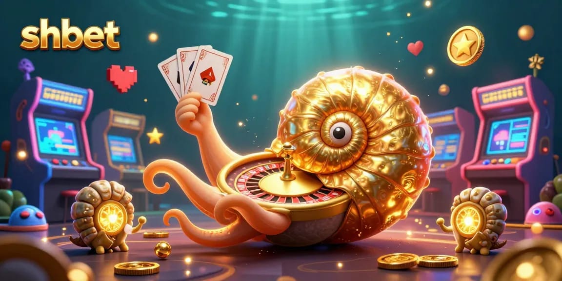 Experience the vibrant world of shbet with a giant nautilus roulette wheel amidst glowing arcade games.