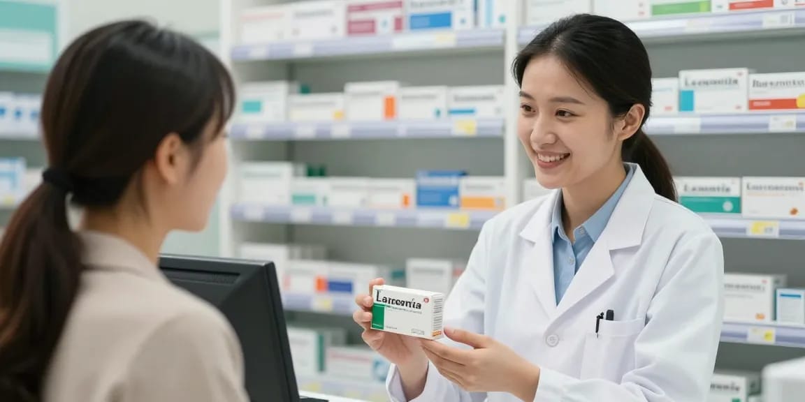 Pharmacist discussing Levitra with a customer in a welcoming pharmacy setting, emphasizing trust and healthcare.