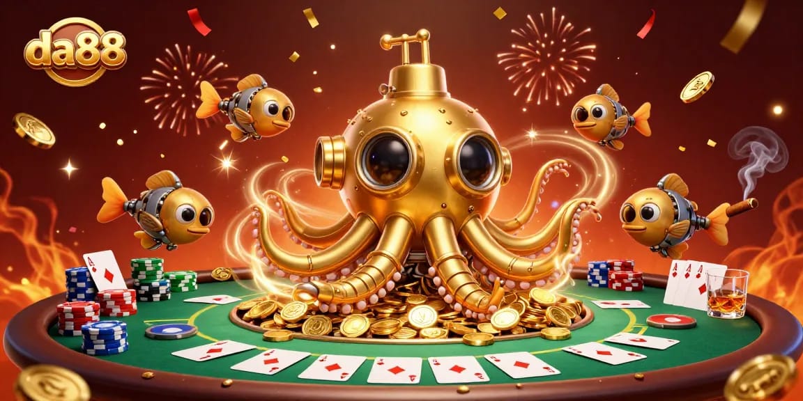 Experience the thrill of da88 with a dynamic casino scene featuring a golden kraken submarine.