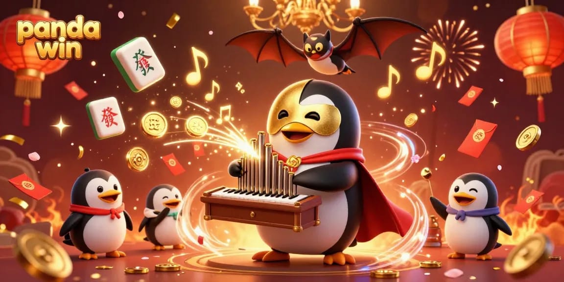 Panda win logo appears as a 3D penguin plays an organ shooting coins, surrounded by festive elements.