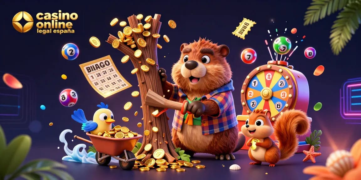 Celebrate winnings with a lively scene featuring casino online legal españa characters collecting coins and lottery elements.