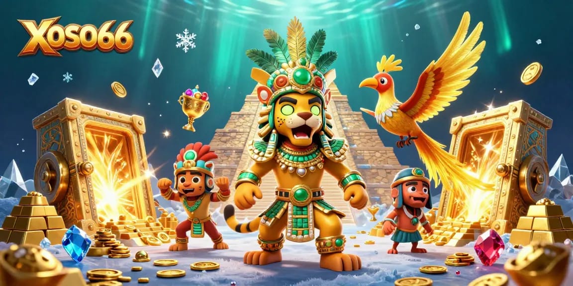 Engage with XOSO66's exciting 3D scene of riches, showcasing vibrant casino treasures and characters.